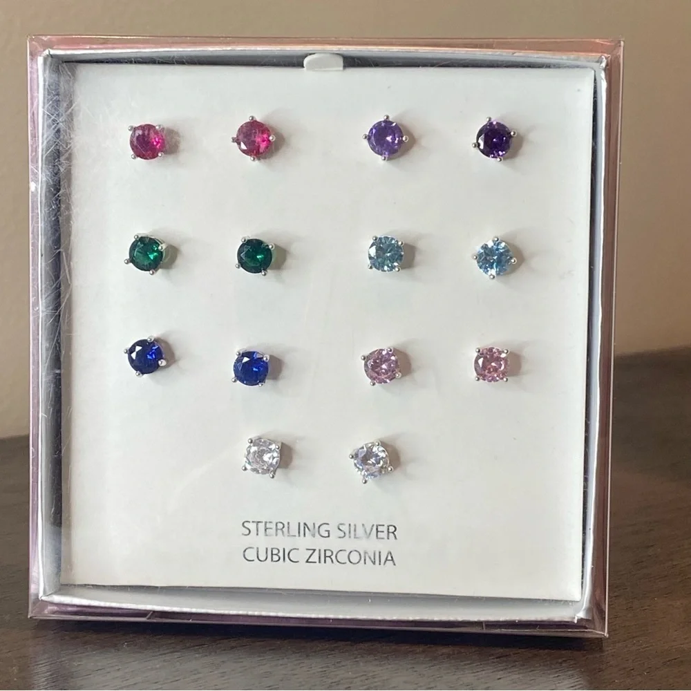 7 Pairs Sterling Silver Cubic Zirconia Stud Earrings Colorful